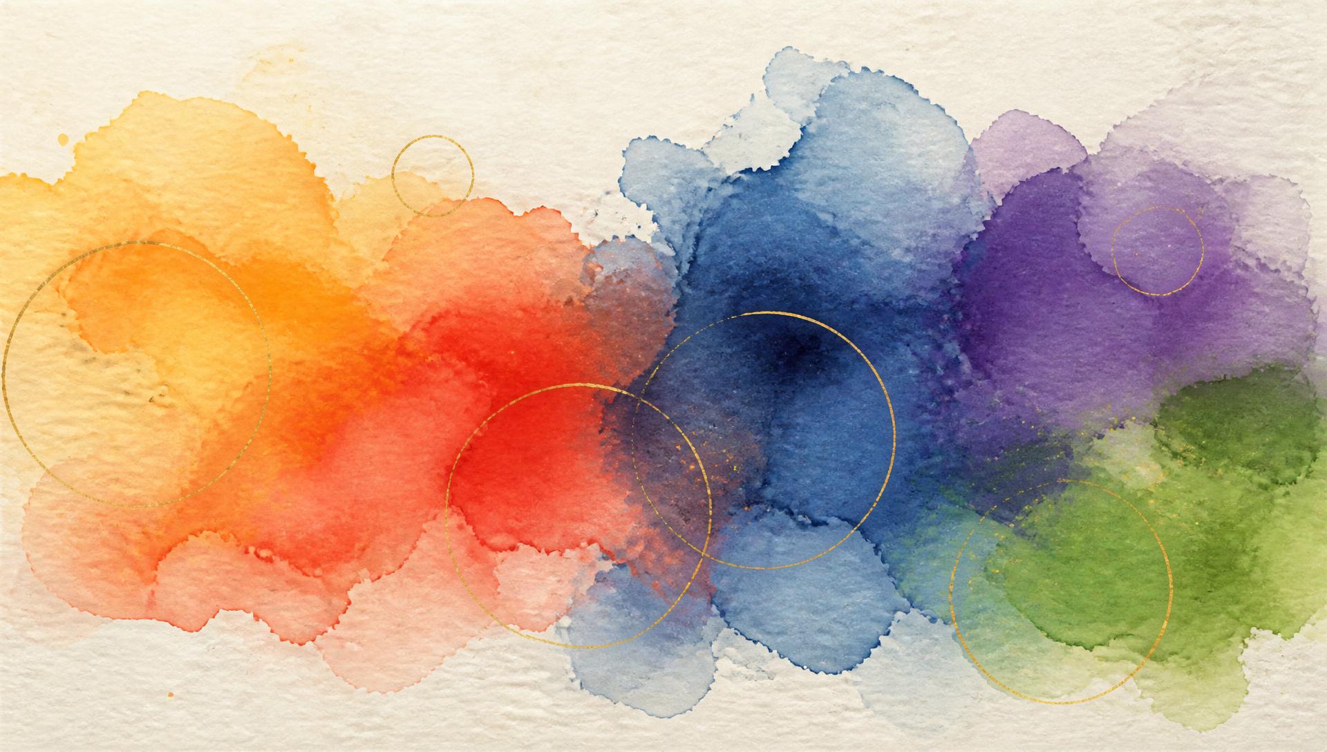 Watercolour fields of saffron, vermilion, indigo, violet and green on cream paper
