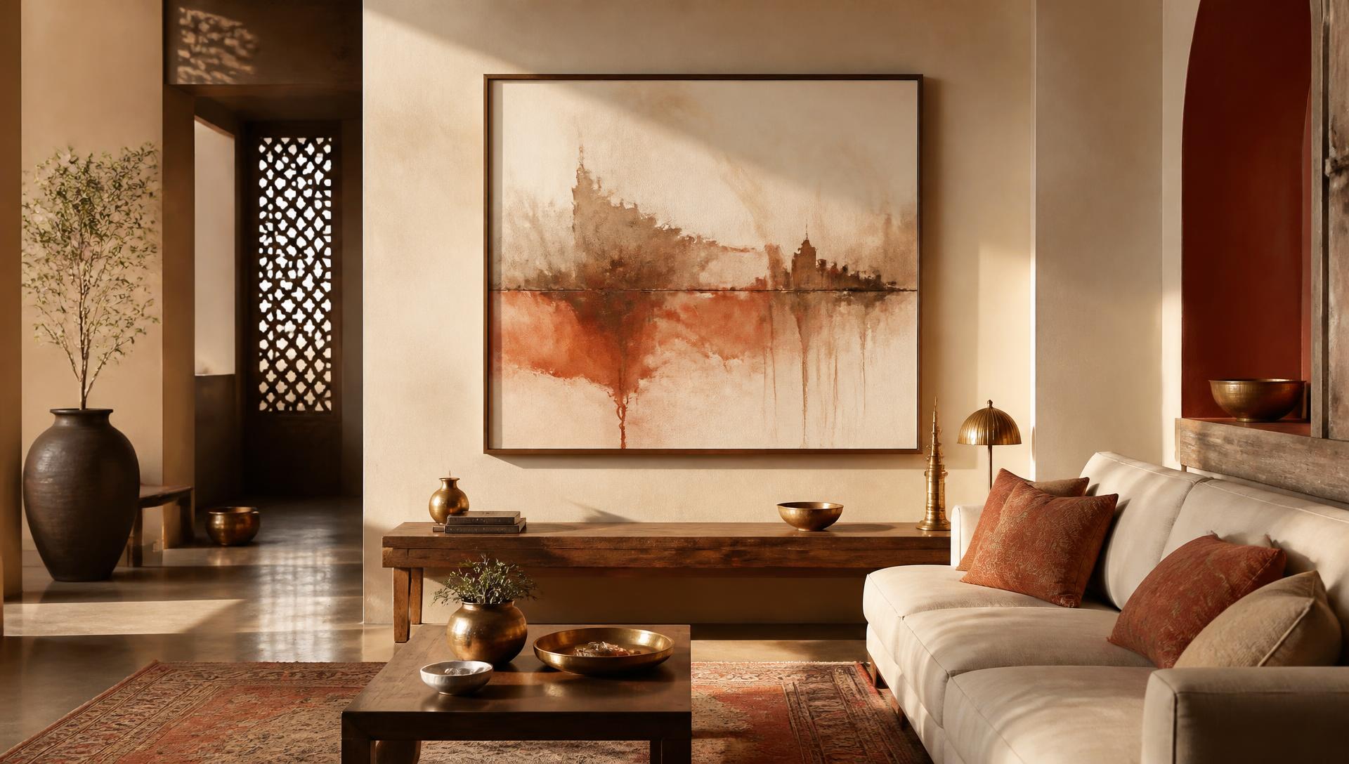 A calm cream living room with a large abstract watercolour wall painting