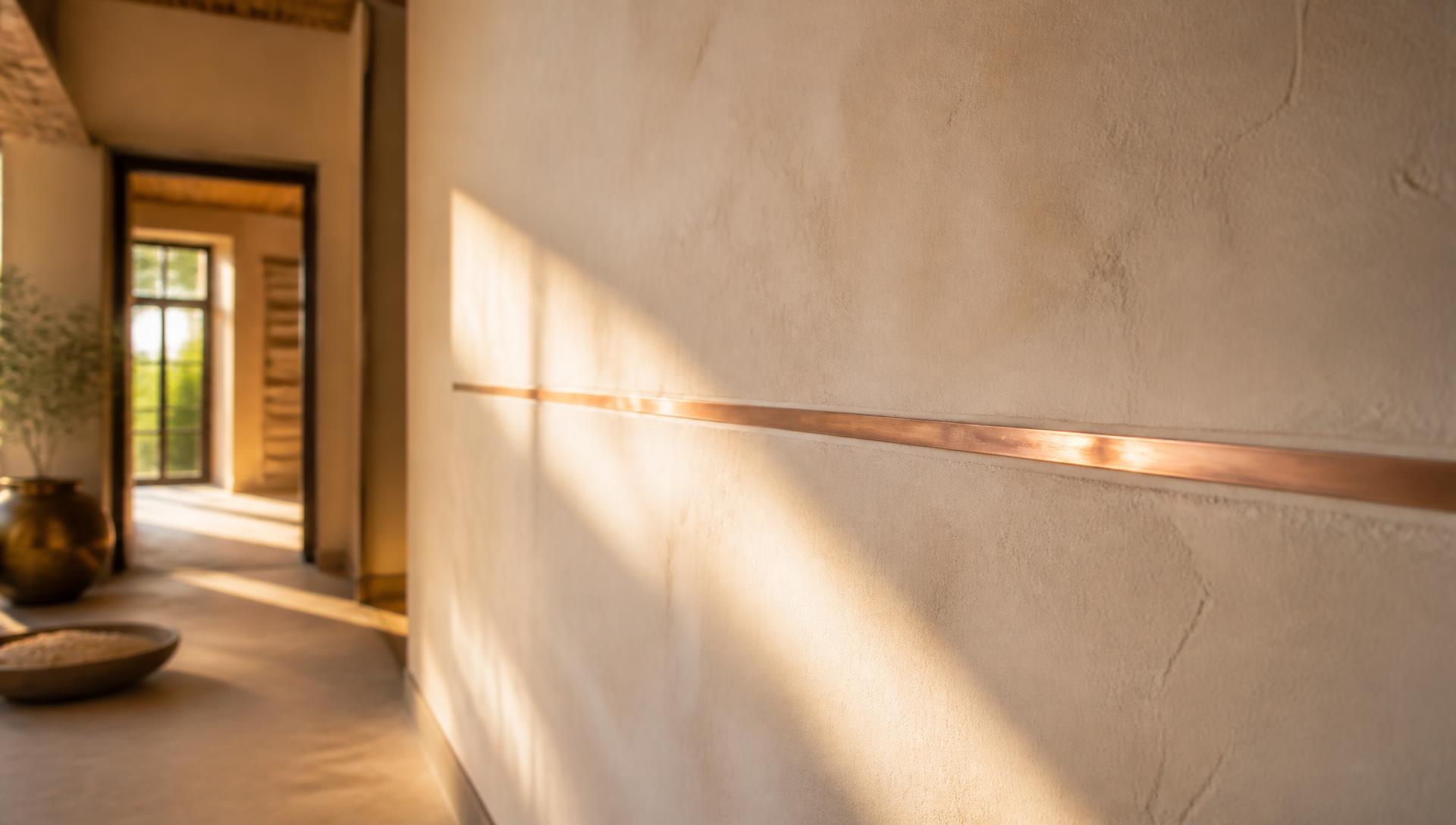 A slim copper strip line running along a lime-plastered wall in warm sunlight